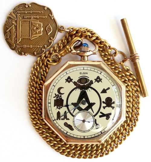 Masonic Vintage - Octagonal  Elgin, USA - Gold Plated - Pocket Watch & Chain
