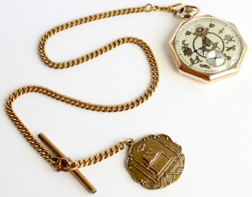 fig 2. Masonic Vintage - Octagonal Elgin, USA - Gold Plated - Pocket Watch & Chain