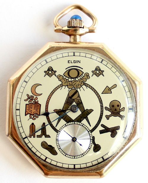 fig 3. Masonic Vintage - Octagonal Elgin, USA - Gold Plated - Pocket Watch & Chain