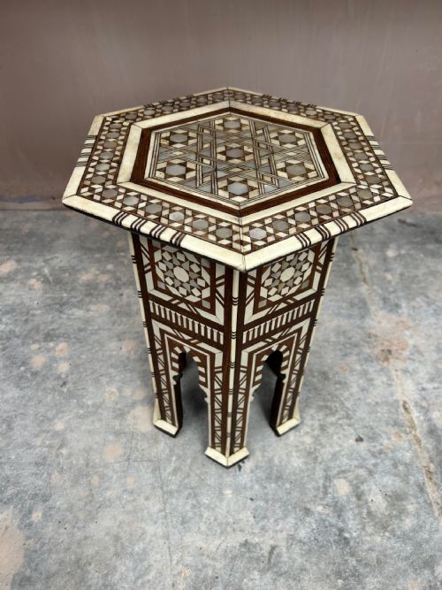 SYRIAN BONE MOTHER OF PEARL HEXAGONAL TABLE - ADDITIONAL PHOTO 1