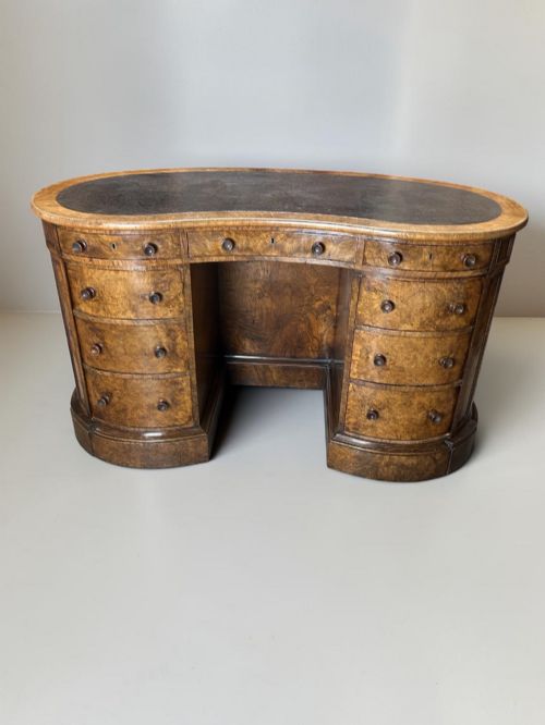 Burr Walnut Free Standing Kidney Shaped Desk 19 Century