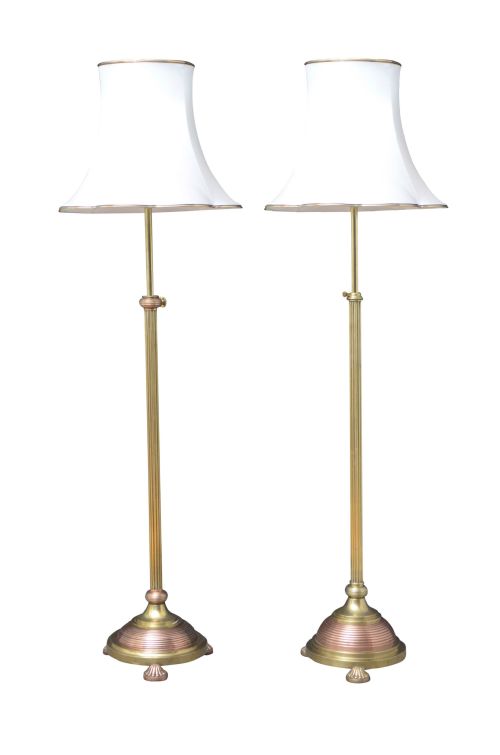 Matched Pair of Edwardian Copper and Brass Floor Standard Lamps