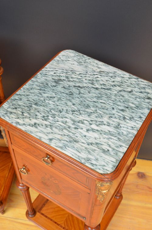 PAIR OF ANTIQUE MARBLE TOPPED SATINWOOD BEDSIDE CABINETS WITH A DRAWER LOUIS PHILIPPE STYLE C1900 - ADDITIONAL PHOTO 8