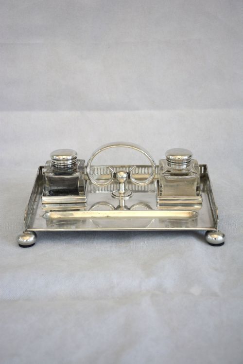 ENGLISH WALKER AND HALL SILVER PLATED INK STAND DESK STAND - ADDITIONAL PHOTO 1