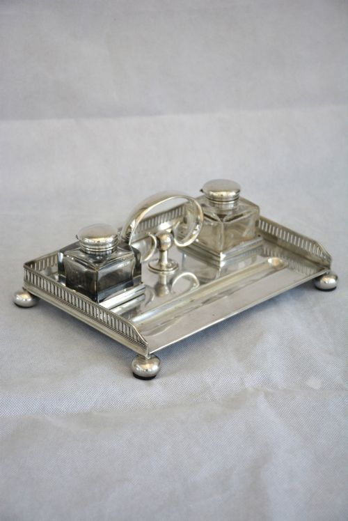 ENGLISH WALKER AND HALL SILVER PLATED INK STAND DESK STAND - ADDITIONAL PHOTO 2