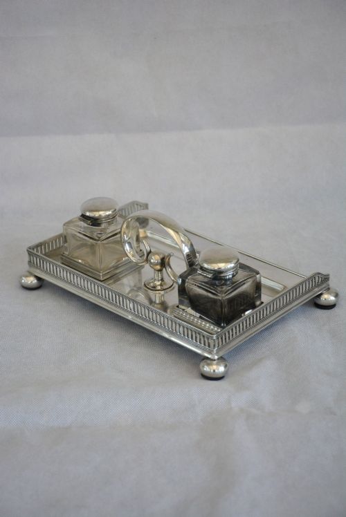 ENGLISH WALKER AND HALL SILVER PLATED INK STAND DESK STAND - ADDITIONAL PHOTO 3