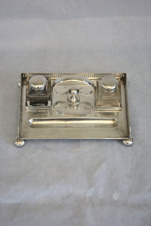 ENGLISH WALKER AND HALL SILVER PLATED INK STAND DESK STAND - ADDITIONAL PHOTO 6