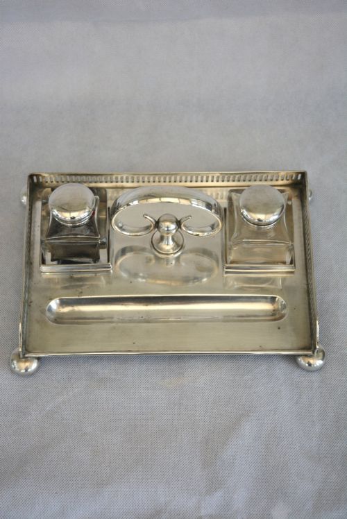 ENGLISH WALKER AND HALL SILVER PLATED INK STAND DESK STAND - ADDITIONAL PHOTO 7