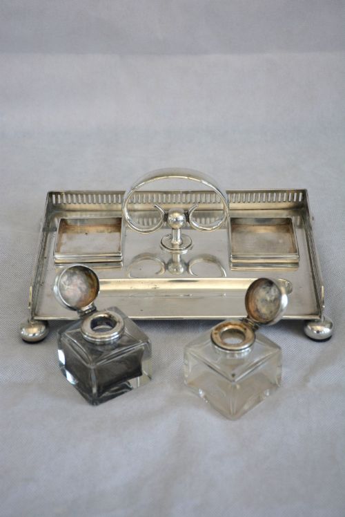 ENGLISH WALKER AND HALL SILVER PLATED INK STAND DESK STAND - ADDITIONAL PHOTO 12