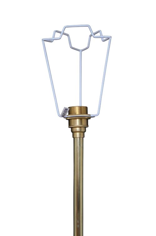 An Art Nouveau brass and copper standard lamp with a telescopic stem, scrolled metal base, and flared cream fabric shade. View V