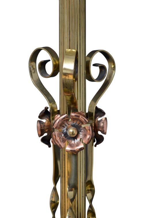 An Art Nouveau brass and copper standard lamp with a telescopic stem, scrolled metal base, and flared cream fabric shade. View VI