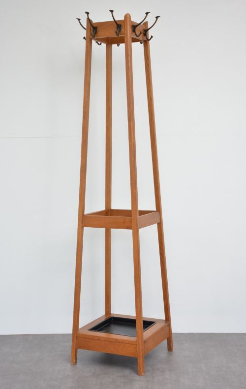Industrial Oak Coat Stand with Integrated Umbrella Holders and Drip Tray