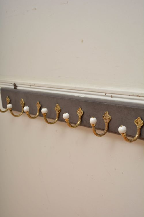 Victorian Antique Coat Rack with Cast Brass and Ceramic Hooks
