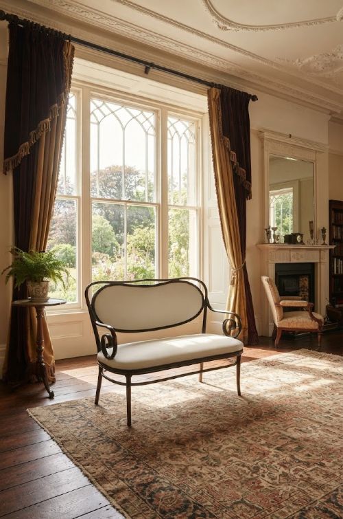 fig 1. An ebonised steam-bent wood settee with a cream upholstered backrest and seat cushion.