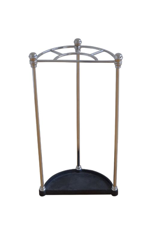 fig 1. An Art Deco demi-lune nickel-plated umbrella stand featuring a semi-circular top frame with five divisions, vertical support rods with spherical finials, and a black cast iron drip tray base.