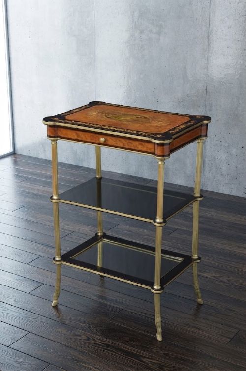 French Ebonised and Inlaid Side Table with Mirrored Tiers
