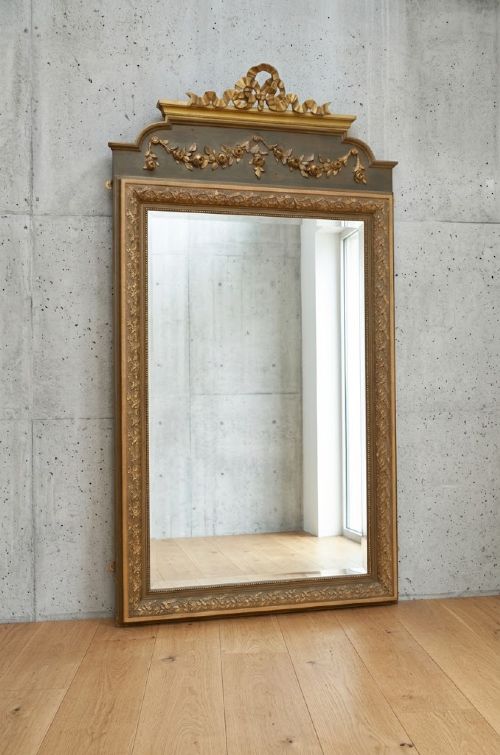 Belle Époque French Gilded and Olive Green Wall Mirror with Ribbon Crest H153cm
