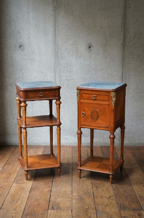 Pair of Antique Marble Topped Satinwood Bedside Cabinets
