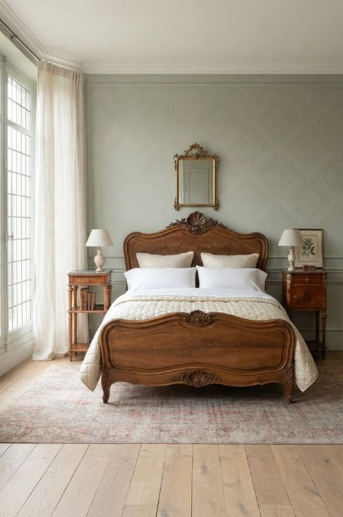 A pair of antique satinwood bedside cabinets with green marble tops, fluted turned legs, and decorative parquetry wood inlays. View III