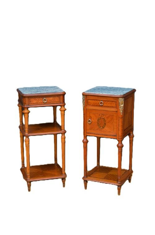 A pair of antique satinwood bedside cabinets with green marble tops, fluted turned legs, and decorative parquetry wood inlays. View VII