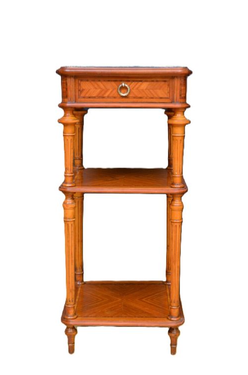 A pair of antique satinwood bedside cabinets with green marble tops, fluted turned legs, and decorative parquetry wood inlays. View XI