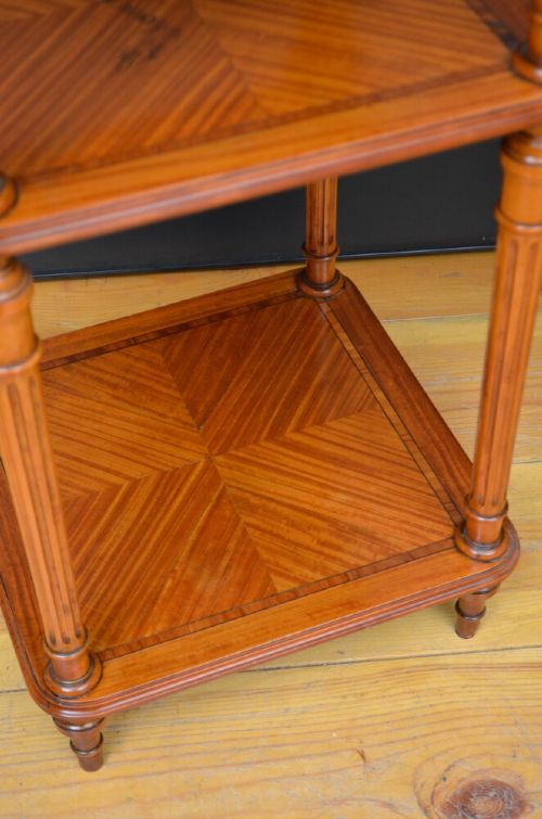 A pair of antique satinwood bedside cabinets with green marble tops, fluted turned legs, and decorative parquetry wood inlays. View XIII