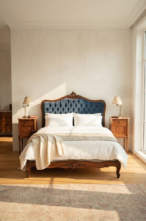fig 2. A matching pair of French mahogany bedside cabinets featuring pink marble tops, single drawers over small cupboards with sunburst parquetry, and slender turned legs.