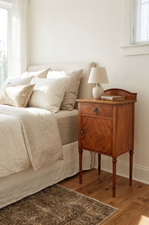 An antique satinwood bedside cupboard featuring a shaped gallery back, top drawer, chevron parquetry cupboard door, and slender fluted legs.