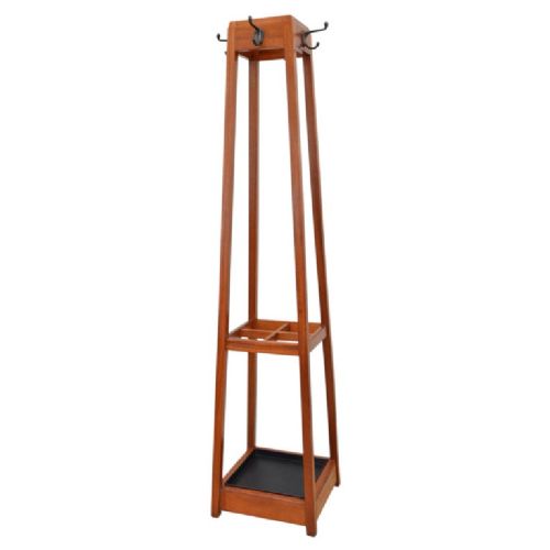 fig 1. A tall tapered solid mahogany hall coat stand featuring top metal hooks, an umbrella divider section, and a dark metal drip tray base.
