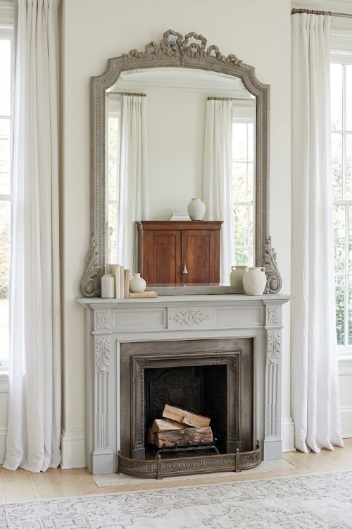 A light grey painted arched mirror featuring a carved ribbon bow crest and acanthus scroll corner details. View II