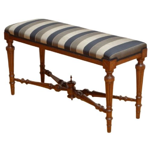 An Aesthetic Movement duet stool featuring a striped upholstered rectangular top, incised turned legs, and a central finial stretcher. View V