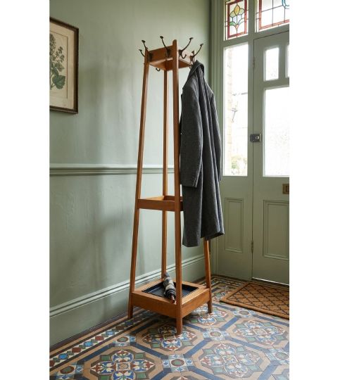Oak Coat Stand with Double Hooks and Umbrella Holder
