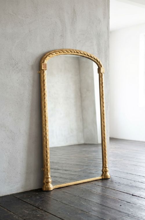 Antique Arched Gilded Pier Mirror with Original Foxed Glass and Rope Carving H160cm