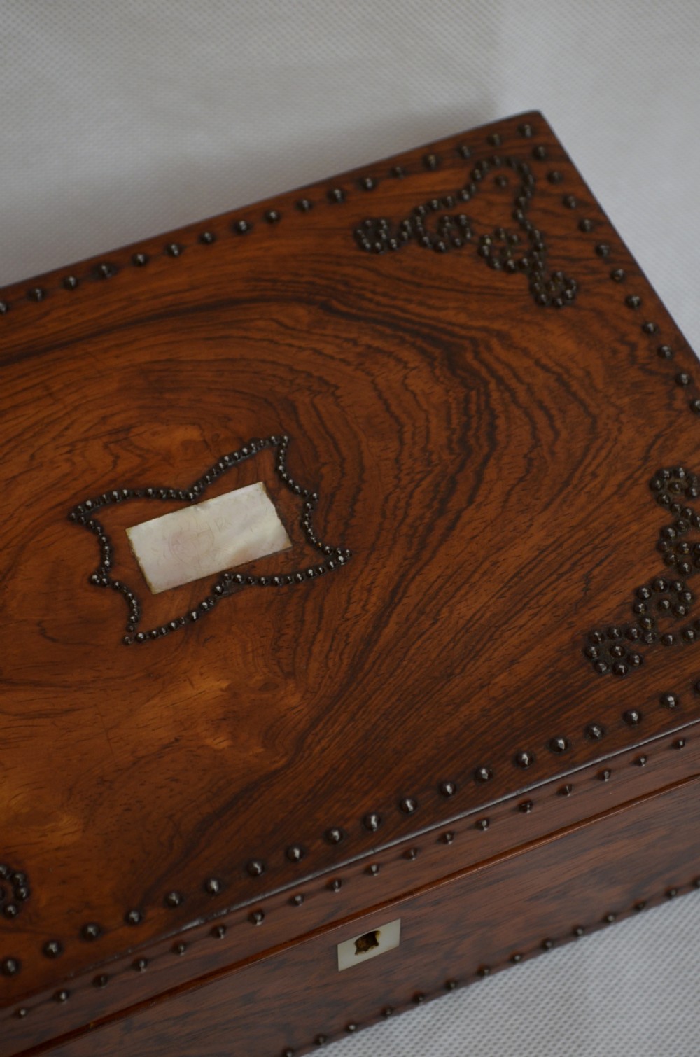 Beautiful Victorian Rosewood and Studded Jewellery Box with Tray View IV