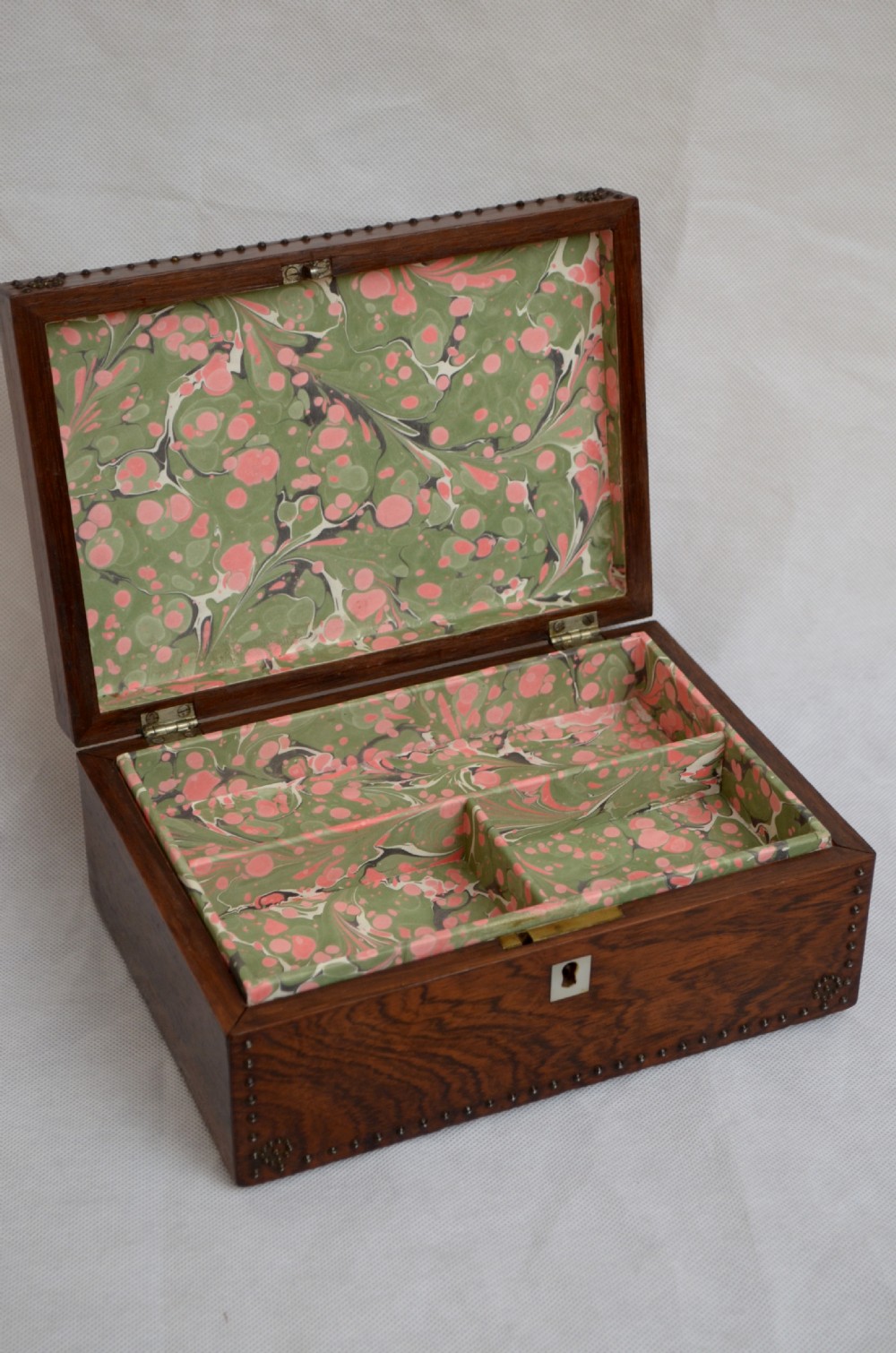 Beautiful Victorian Rosewood and Studded Jewellery Box with Tray View V