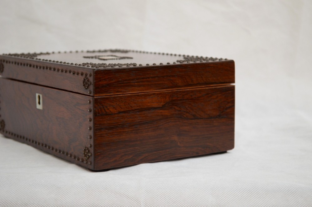 Beautiful Victorian Rosewood and Studded Jewellery Box with Tray View X