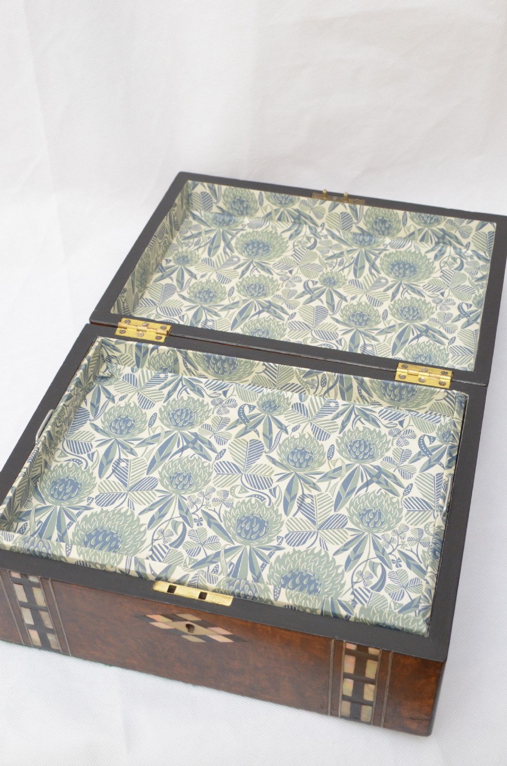 Victorian Walnut and Inlaid Jewellery Box Sewing Box with Tray View II