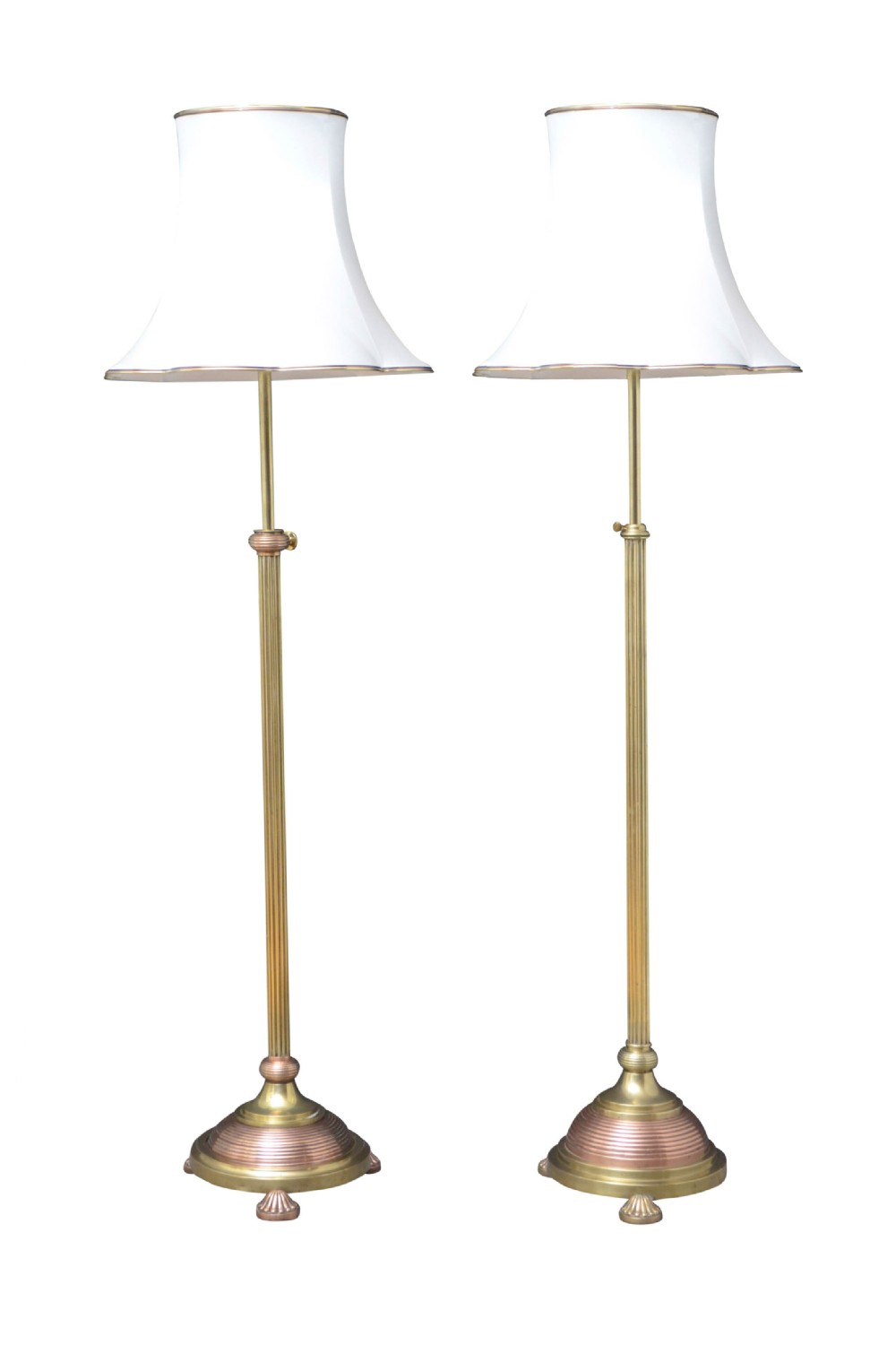 Matched Pair of Edwardian Copper and Brass Floor Standard Lamps 