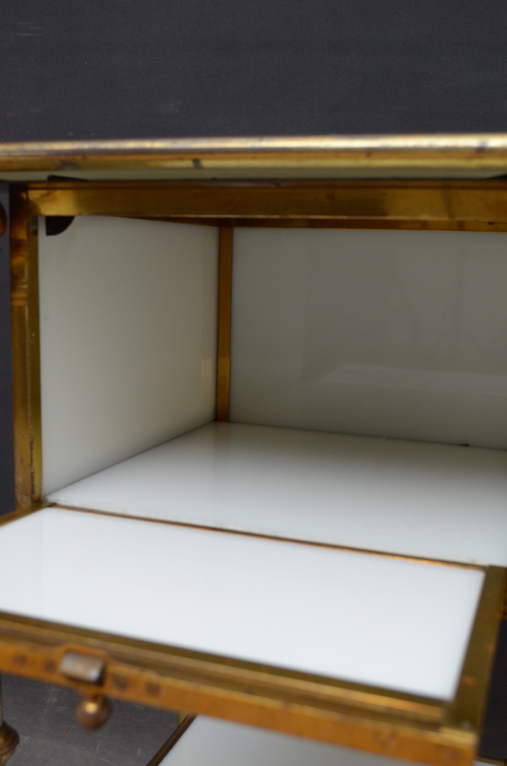 Unusual Late 19th Century Brass and Milk Glass Cabinet  View XIV