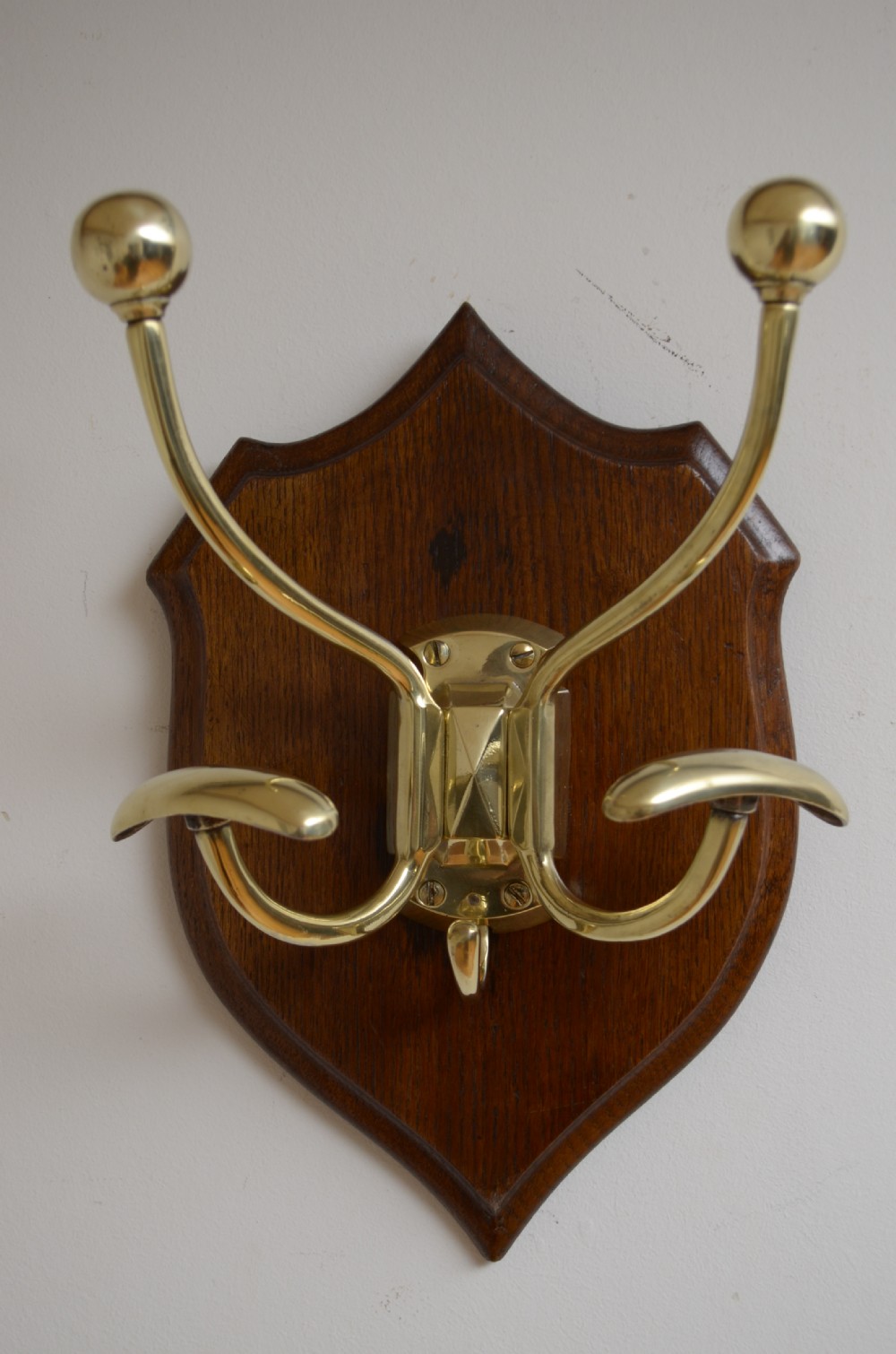 Victorian Brass and Oak Coat Hooks View II