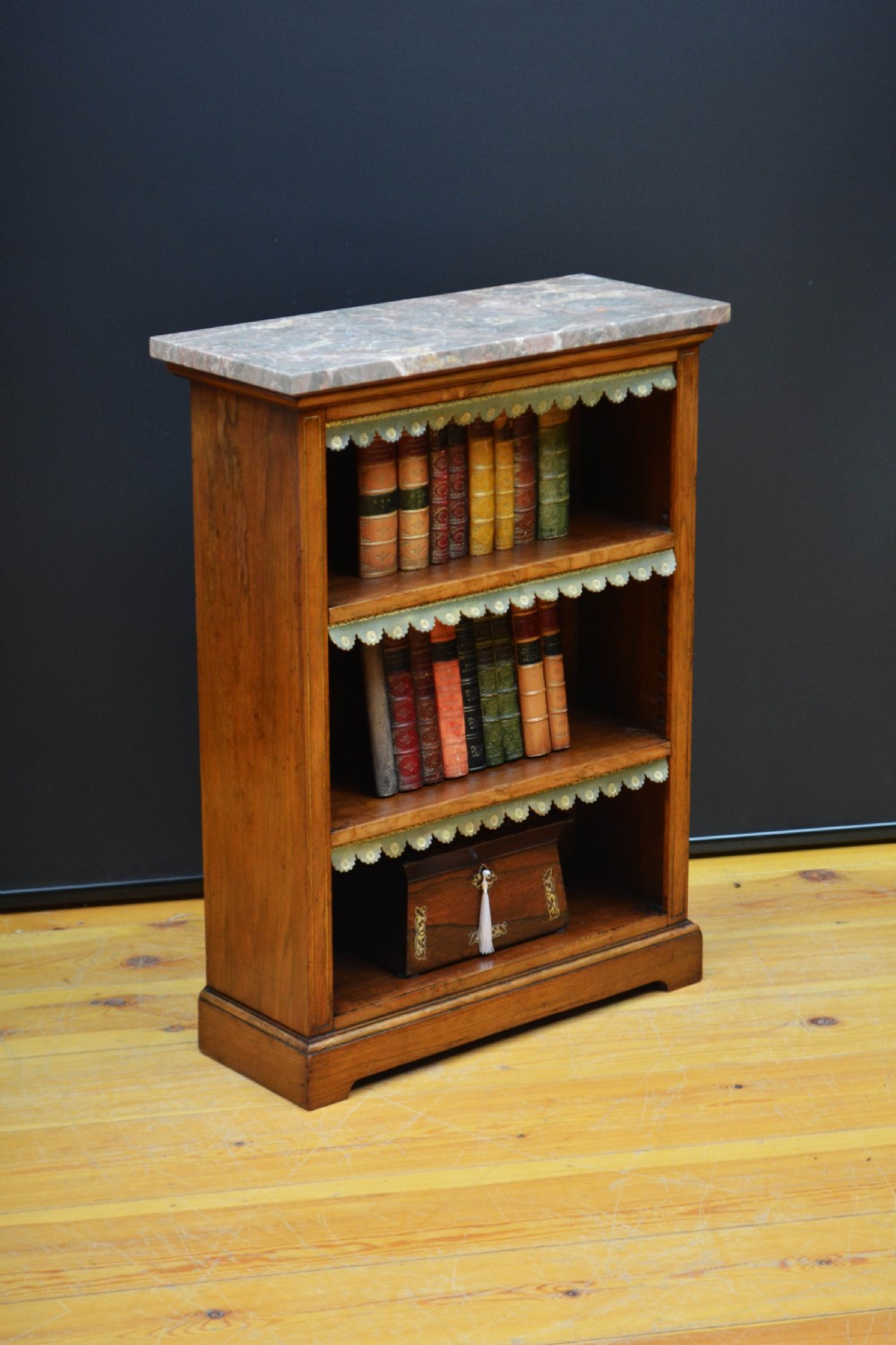 Low Marble Topped Victorian Open Bookcase in Walnut H79cm View II