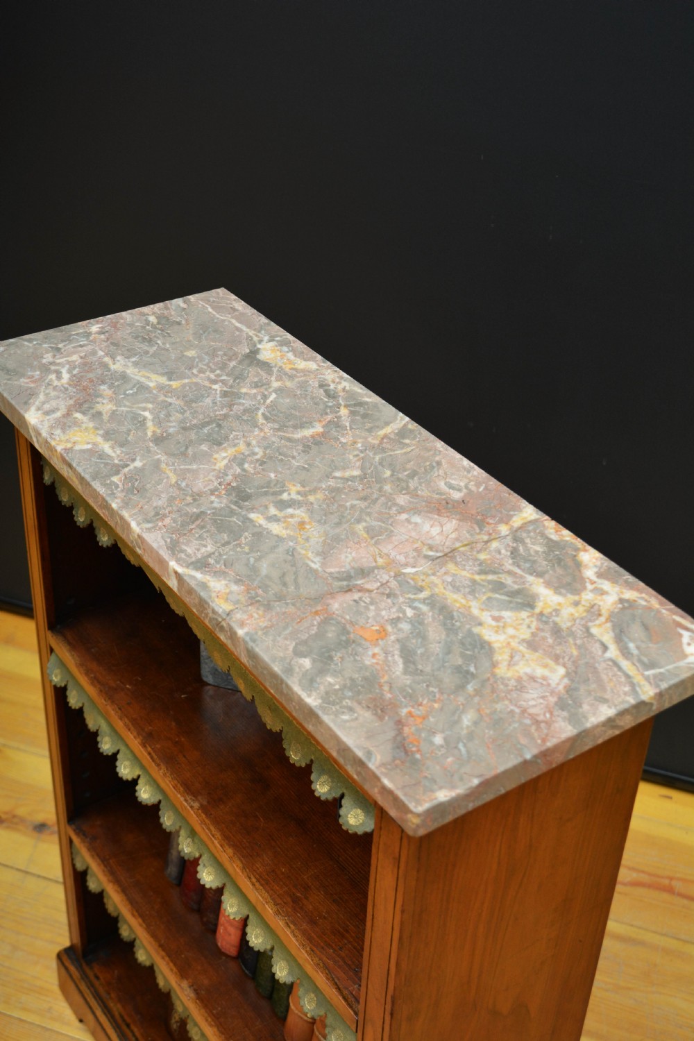 Low Marble Topped Victorian Open Bookcase in Walnut H79cm View III