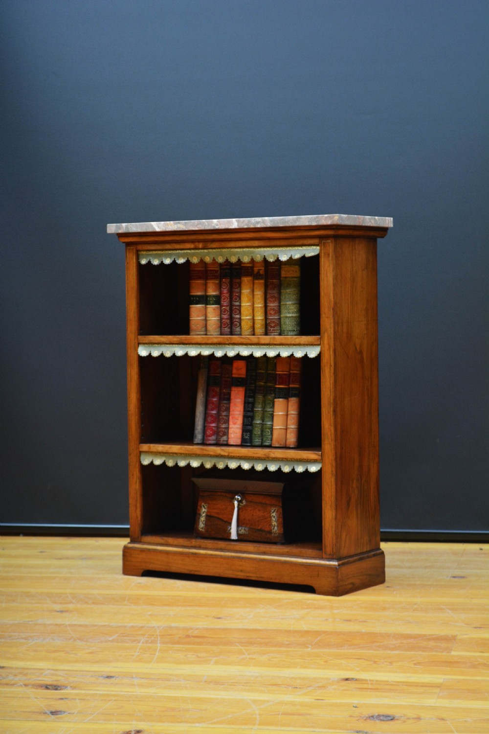 Low Marble Topped Victorian Open Bookcase in Walnut H79cm View V