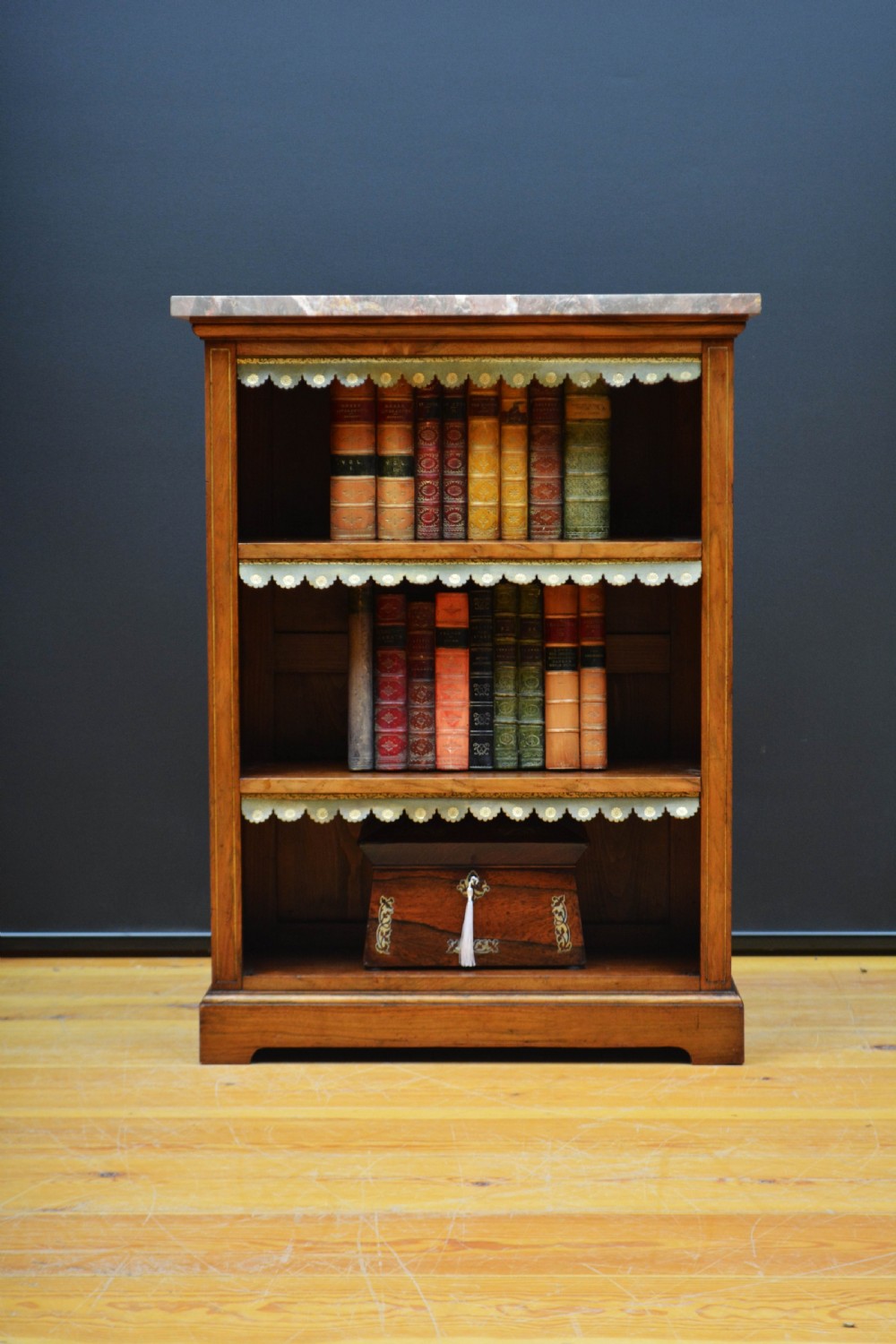 Low Marble Topped Victorian Open Bookcase in Walnut H79cm View IX