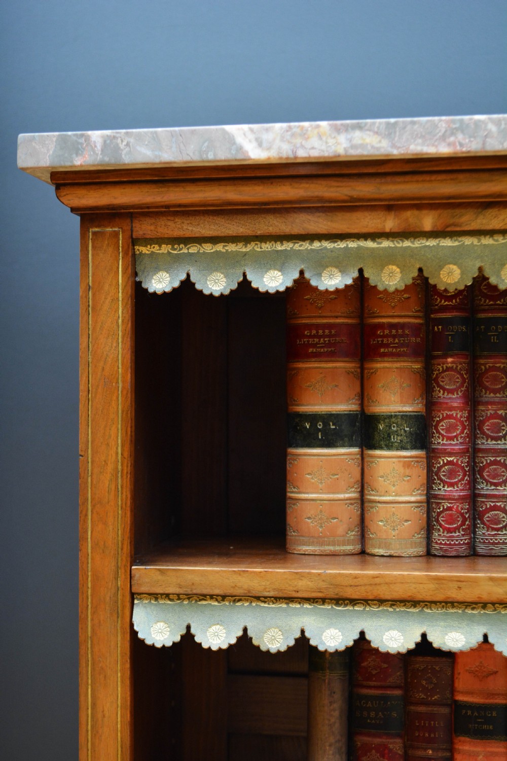 Low Marble Topped Victorian Open Bookcase in Walnut H79cm View XI