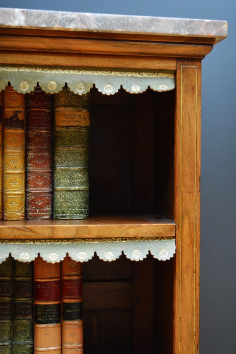 Low Marble Topped Victorian Open Bookcase in Walnut H79cm View XIII