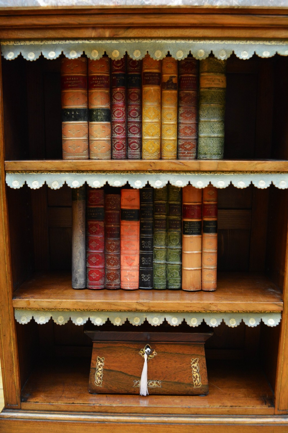 Low Marble Topped Victorian Open Bookcase in Walnut H79cm View XV