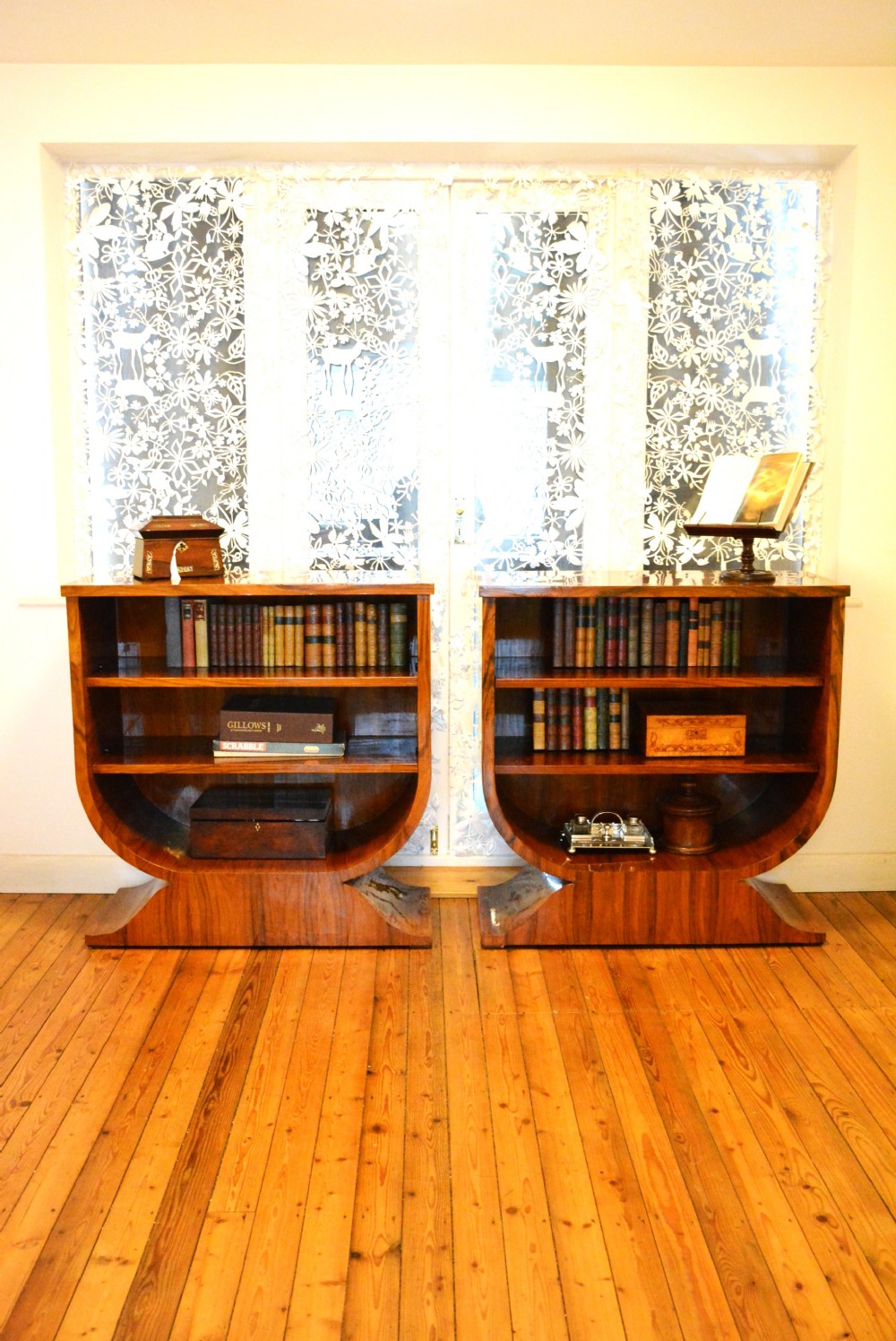 Rare Pair Of Art Deco Walnut Open Bookcases, c1930s