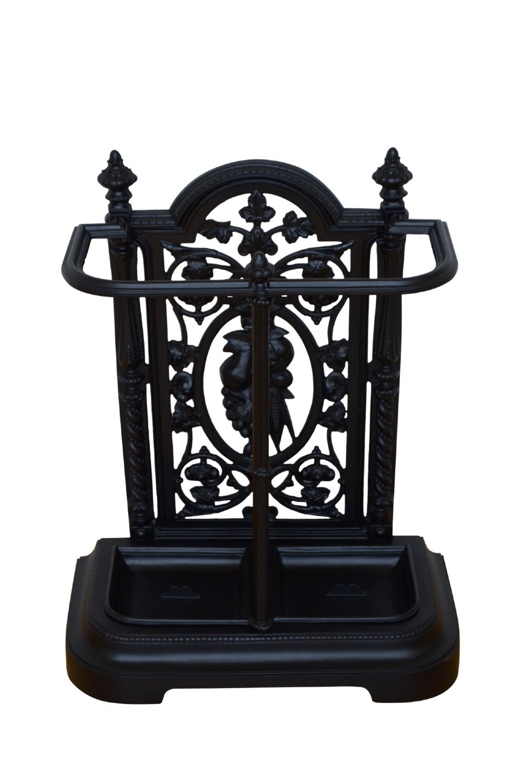 A Victorian black cast iron umbrella stand featuring an ornate foliage backplate, top railing, finials, and a removable drip tray base. View IV