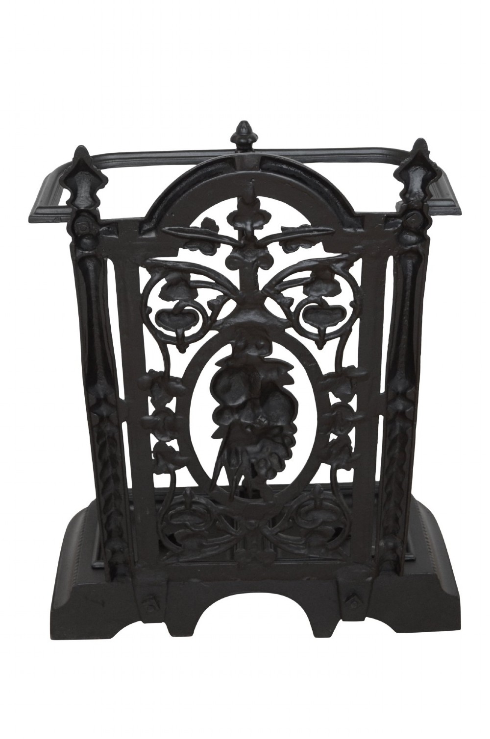 A Victorian black cast iron umbrella stand featuring an ornate foliage backplate, top railing, finials, and a removable drip tray base. View VIII